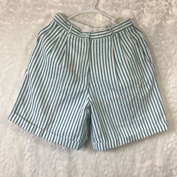 VTG 80s Teal Striped High waisted Pleated Shorts - Picture 1 of 9